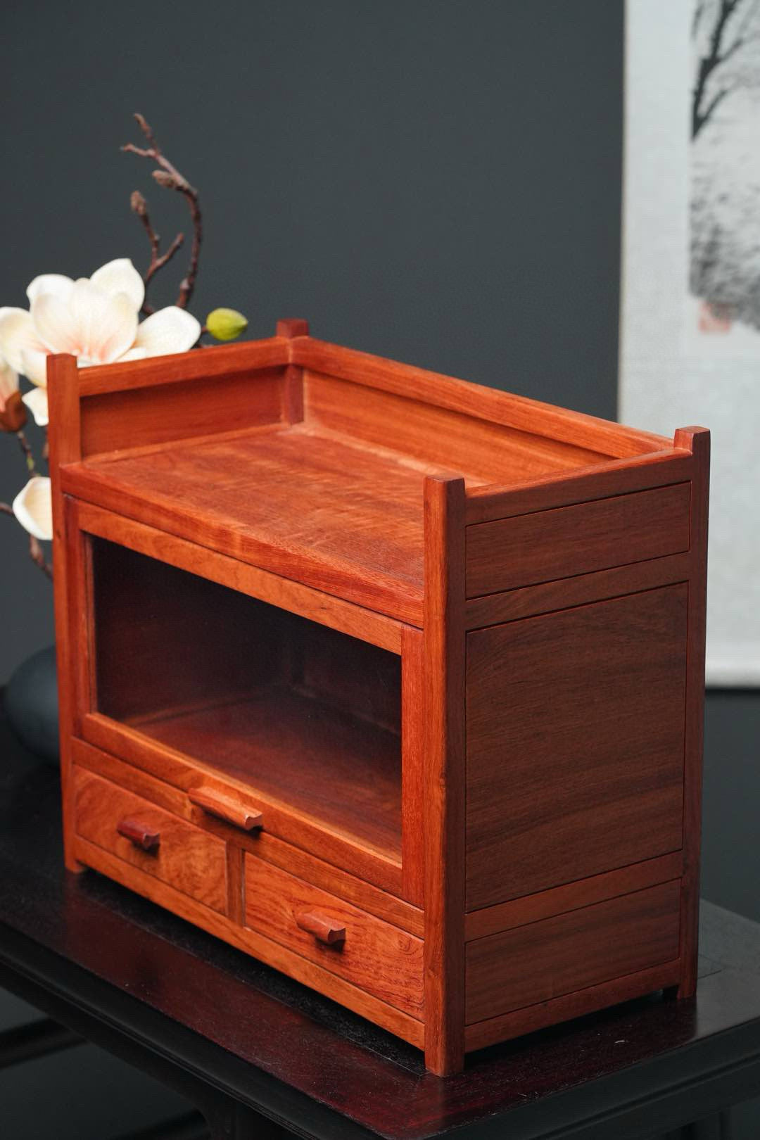 Solid Burmese Rosewood Organizer Rack with Glass Shelf