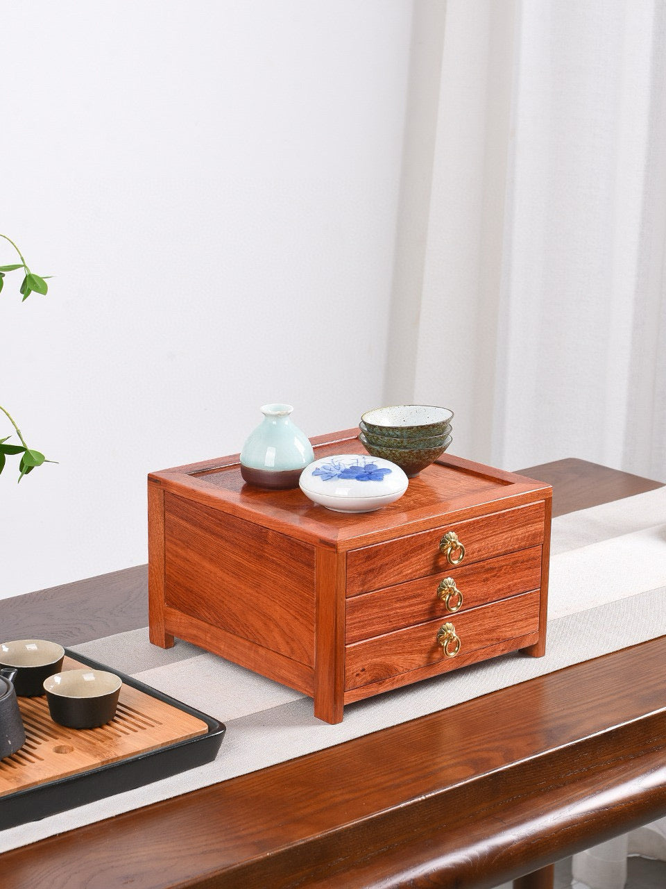 Drawer Tea Box – Burmese Padauk | 3-Drawer Organizer for Tea & Storage | Mortise Tenon Craft | Moisture-Resistant Solid Wood Box