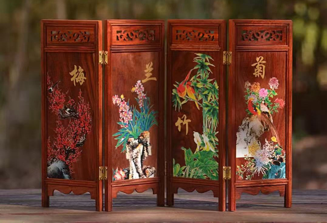 Folding Screen in Rosewood – “Four Beauties” or “Plum, Orchid, Bamboo & Chrysanthemum” Motifs