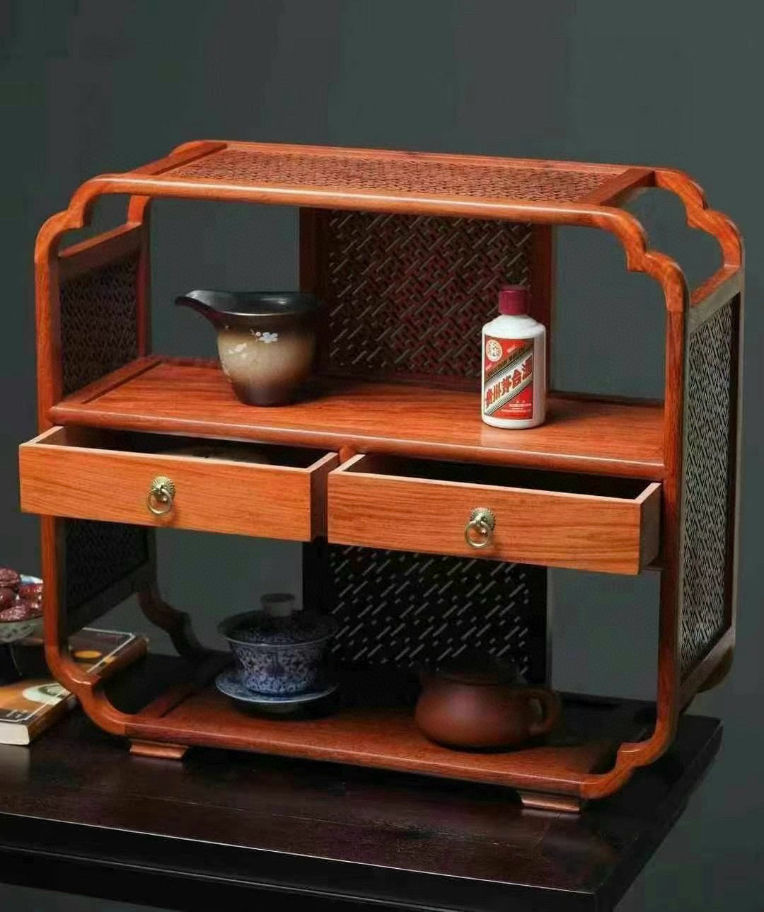 Burmese Padauk Tea Side Cabinet with Carved Acanthus Corners – Hollowed Design & Refined Craft