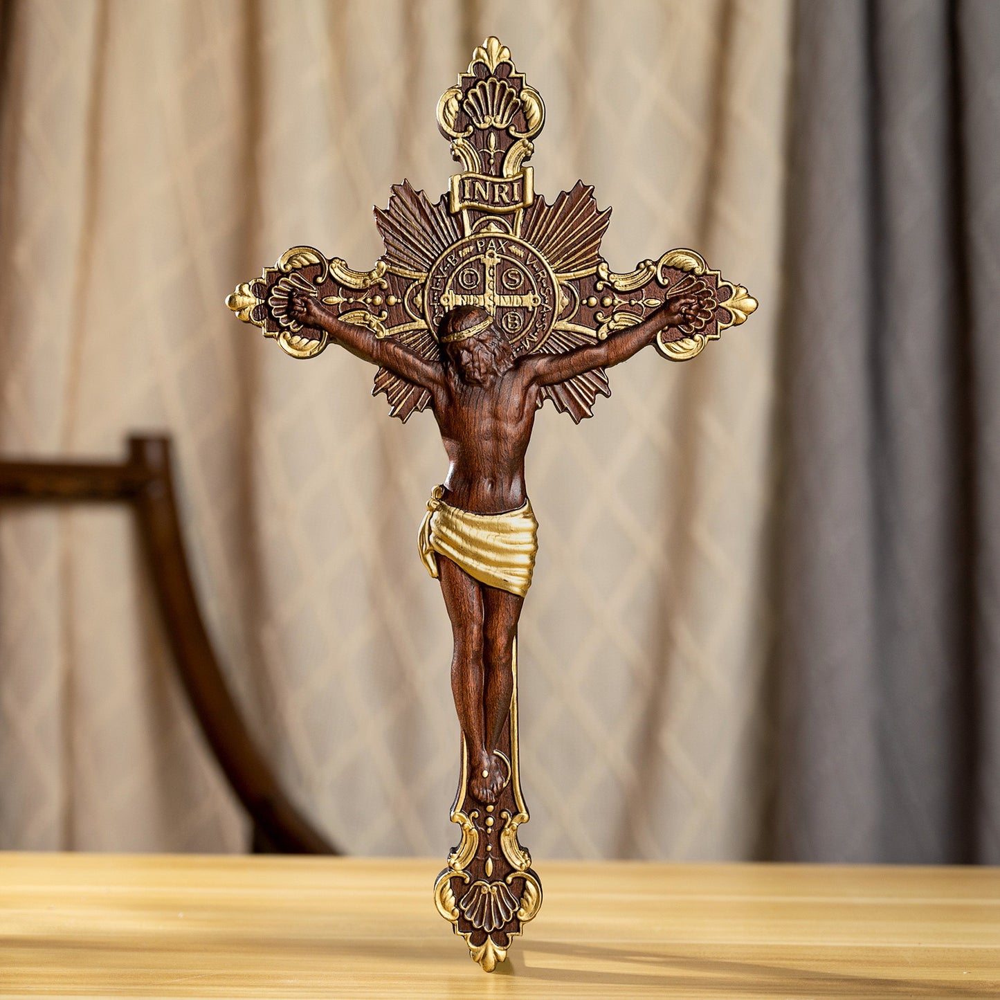 Solid Beech Wood Crucifix with Saint Benedict Medal – Religious Home Decoration