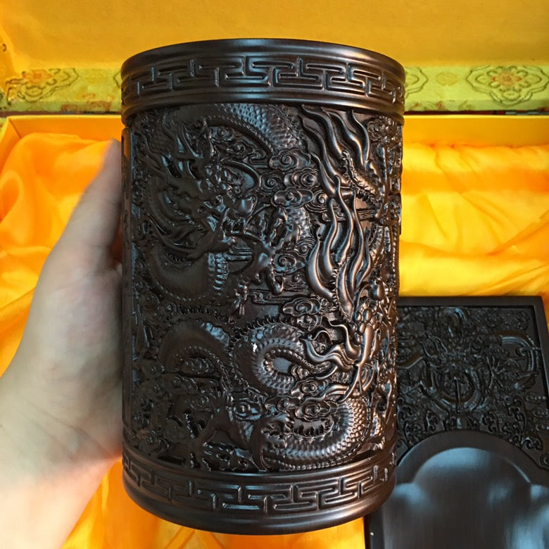 Four Treasures of the Study | African Ebony Large & Thick Inkstone, Brush Holder & Paperweight Set