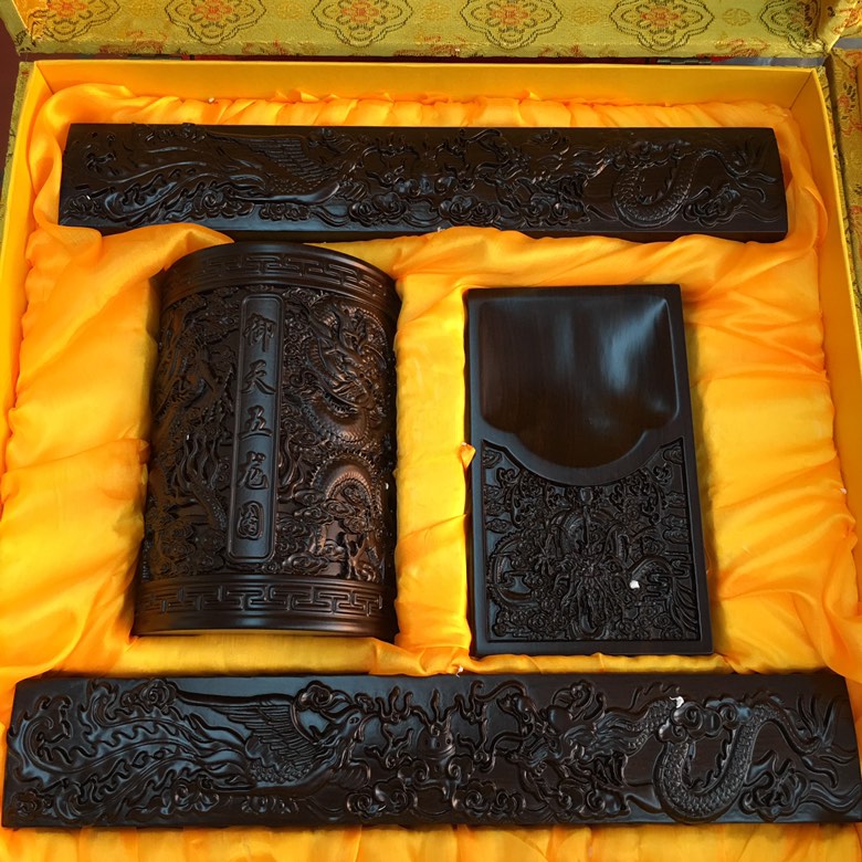Four Treasures of the Study | African Ebony Large & Thick Inkstone, Brush Holder & Paperweight Set