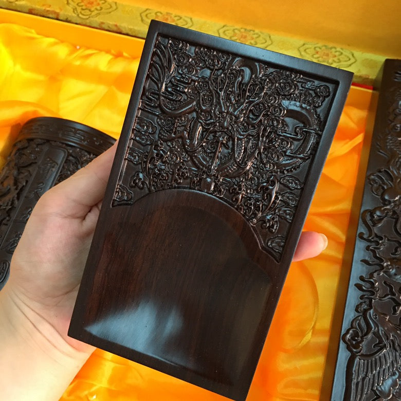 Four Treasures of the Study | African Ebony Large & Thick Inkstone, Brush Holder & Paperweight Set