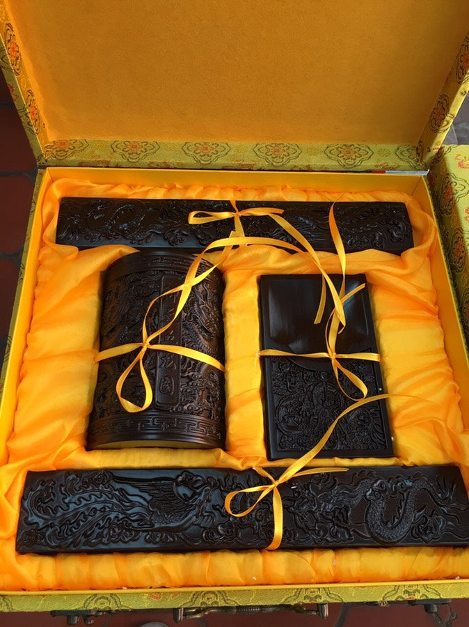 Four Treasures of the Study | African Ebony Large & Thick Inkstone, Brush Holder & Paperweight Set