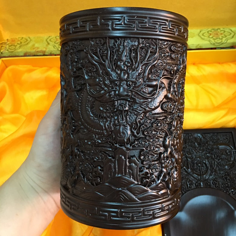 Four Treasures of the Study | African Ebony Large & Thick Inkstone, Brush Holder & Paperweight Set