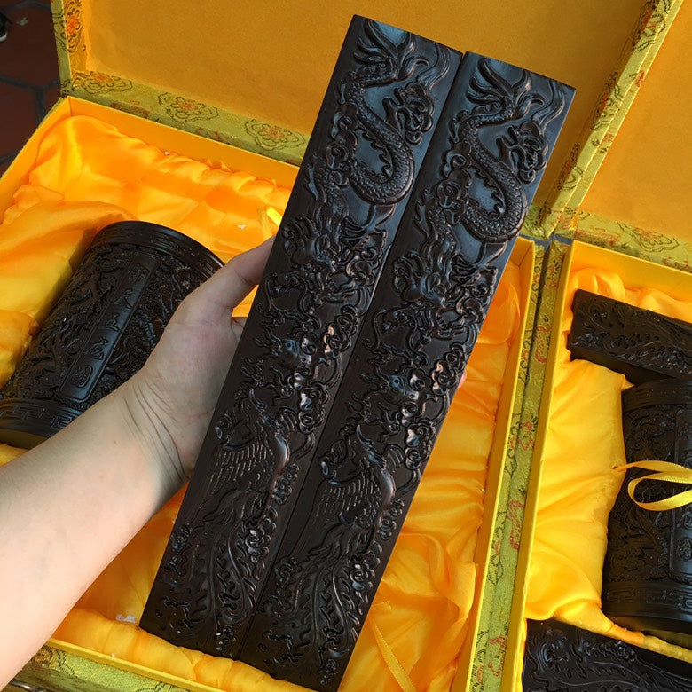 Four Treasures of the Study | African Ebony Large & Thick Inkstone, Brush Holder & Paperweight Set