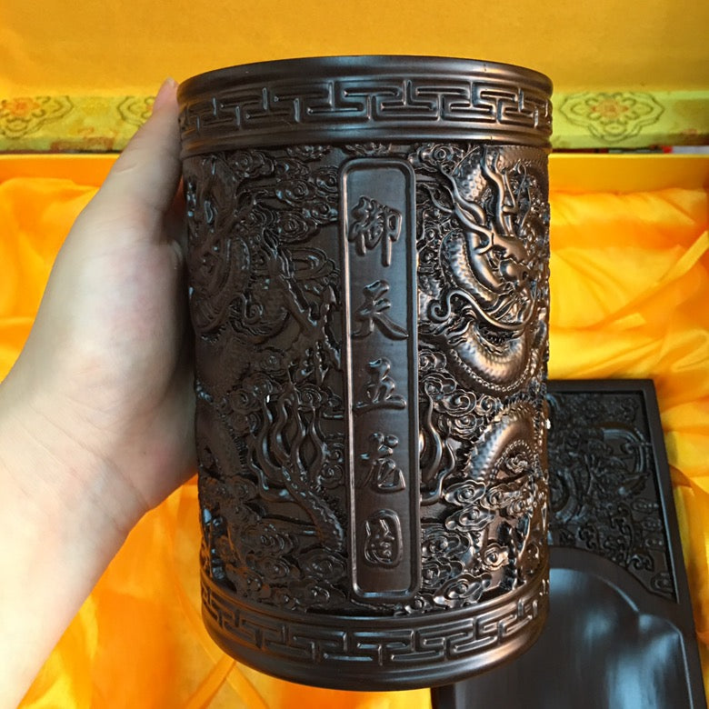 Four Treasures of the Study | African Ebony Large & Thick Inkstone, Brush Holder & Paperweight Set