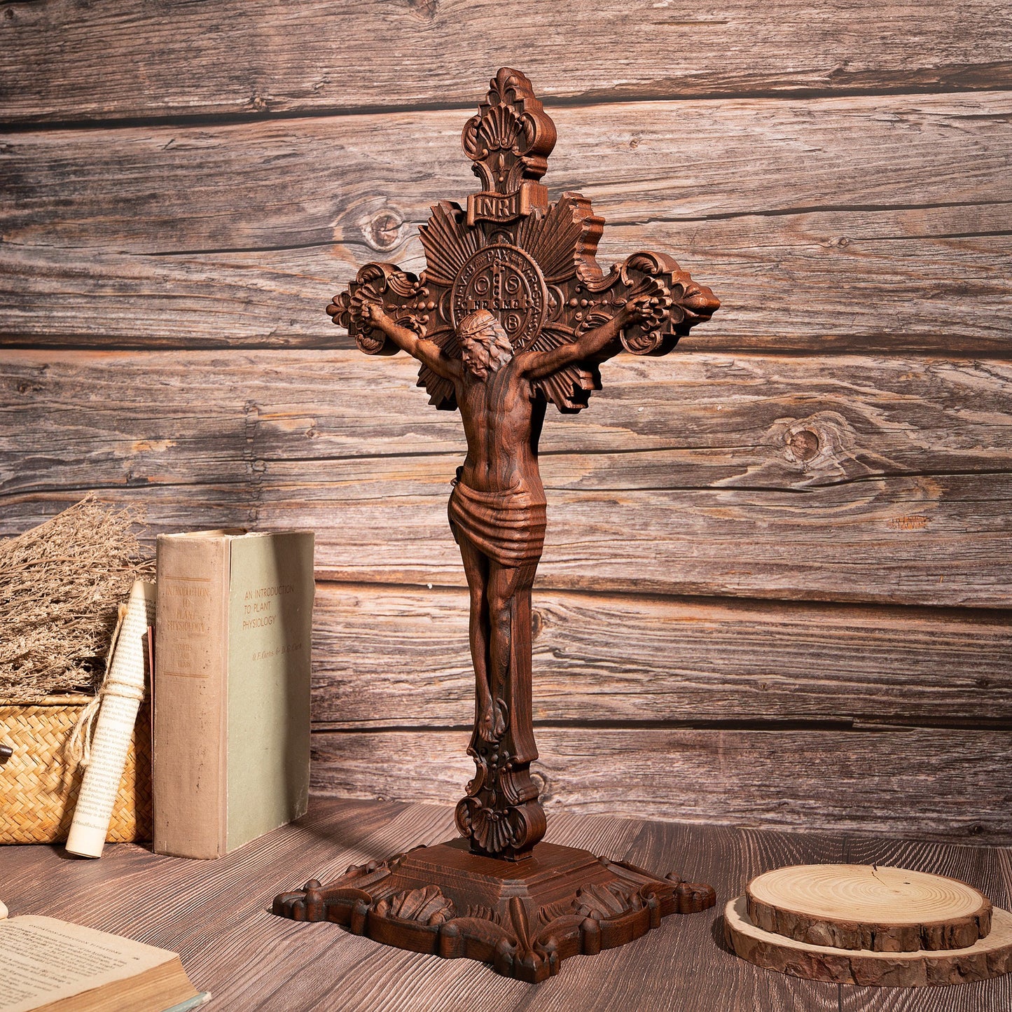 Solid Beech Wood Crucifix with Saint Benedict Medal – Religious Home Decoration