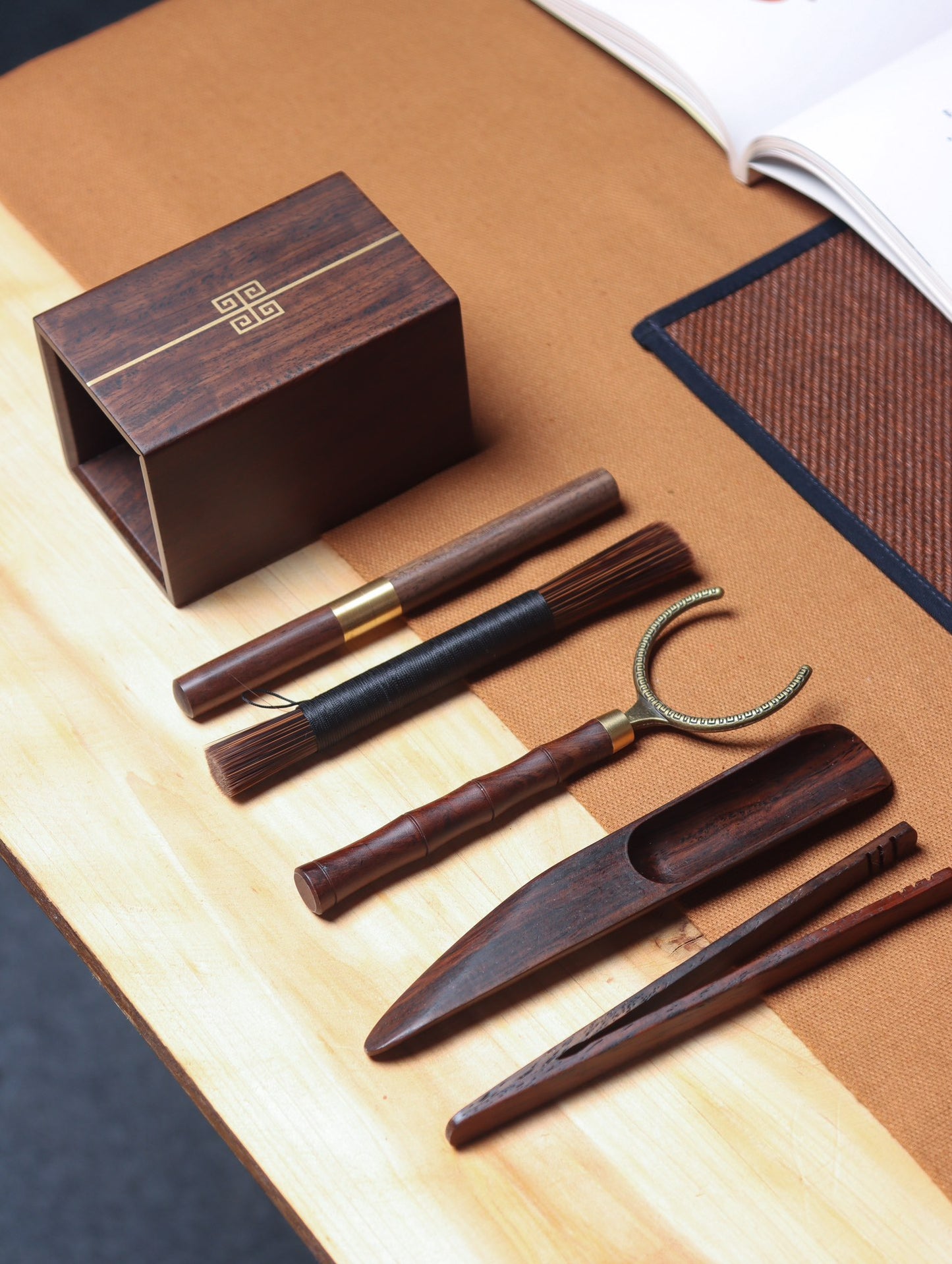 Tea Ceremony Six Gentlemen | African Ebony and Copper Inlay Tea Set
