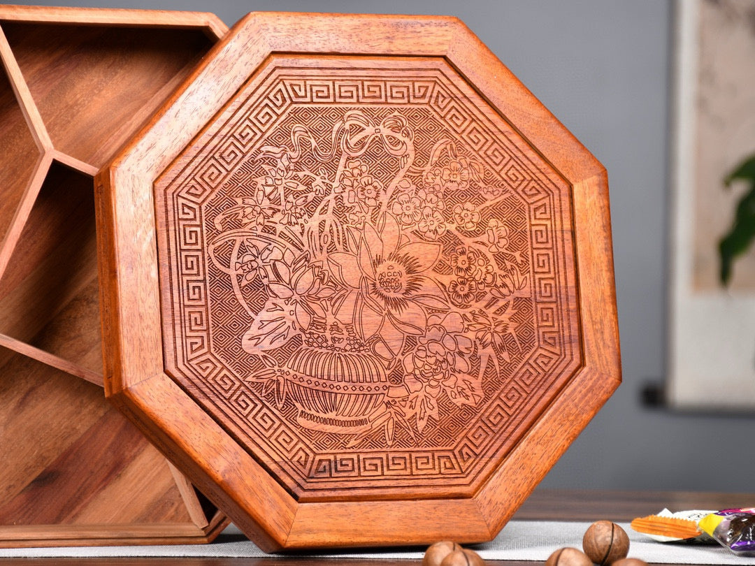 Burmese Padauk Carved Octagonal Fruit Tray – Mortise & Tenon Craftsmanship, Finely Detailed
