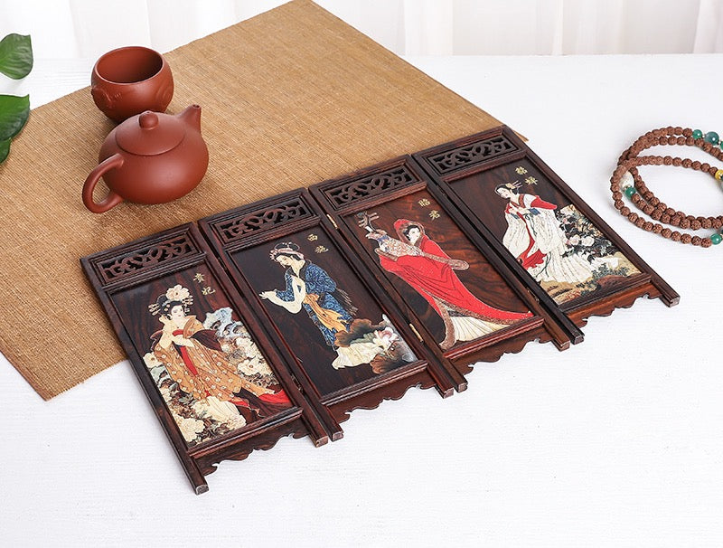 Folding Screen in Rosewood – “Four Beauties” or “Plum, Orchid, Bamboo & Chrysanthemum” Motifs