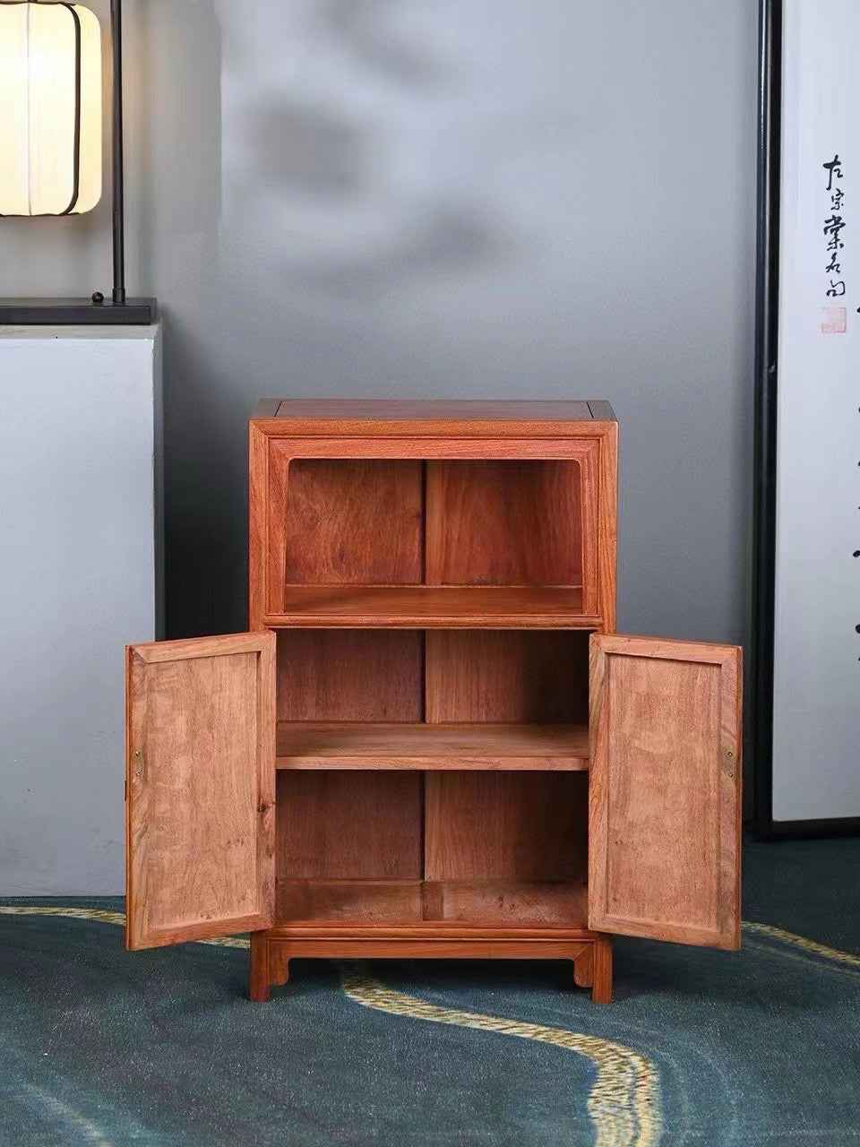 Burmese Padauk Wanli Cabinet – Liangge Display & Storage – Solid One-Piece Panel – 74.5cm High
