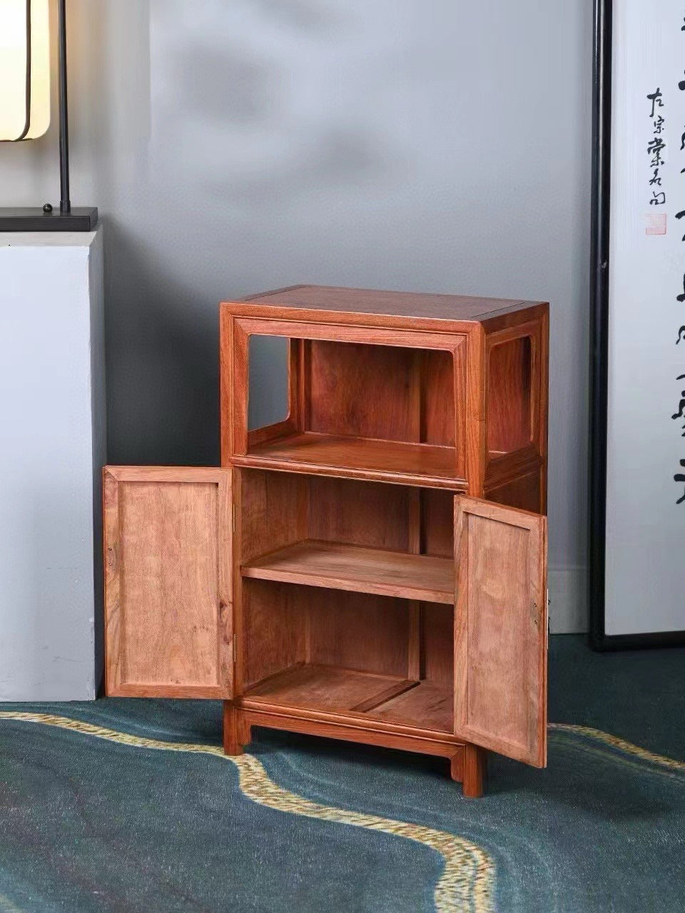 Burmese Padauk Wanli Cabinet – Liangge Display & Storage – Solid One-Piece Panel – 74.5cm High
