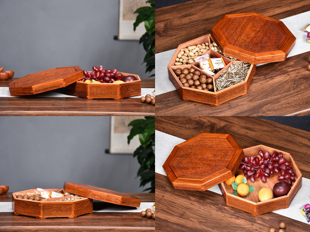 Burmese Padauk Carved Octagonal Fruit Tray – Mortise & Tenon Craftsmanship, Finely Detailed