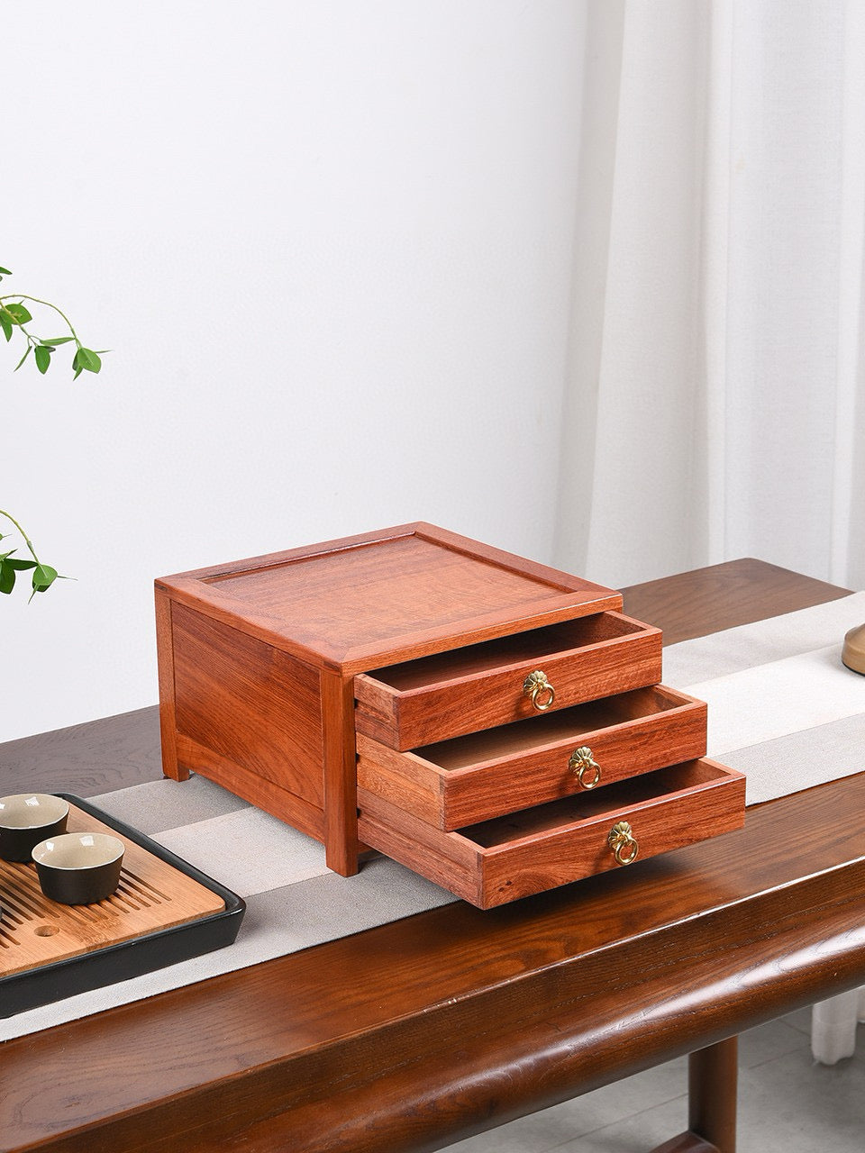Drawer Tea Box – Burmese Padauk | 3-Drawer Organizer for Tea & Storage | Mortise Tenon Craft | Moisture-Resistant Solid Wood Box