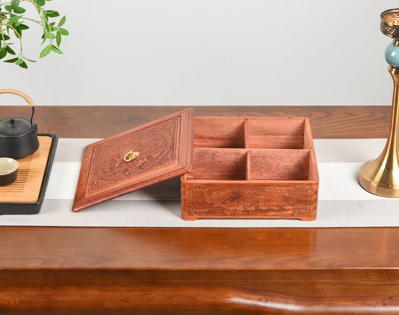 Burmese Padauk 4-Grid Carved Snack Tray with Lid – Handcrafted Wooden Gift Box