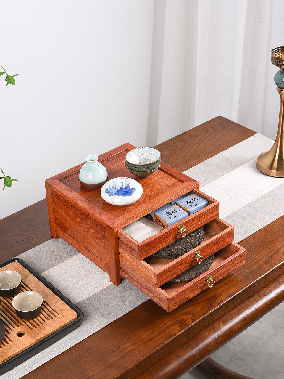 Drawer Tea Box – Burmese Padauk | 3-Drawer Organizer for Tea & Storage | Mortise Tenon Craft | Moisture-Resistant Solid Wood Box