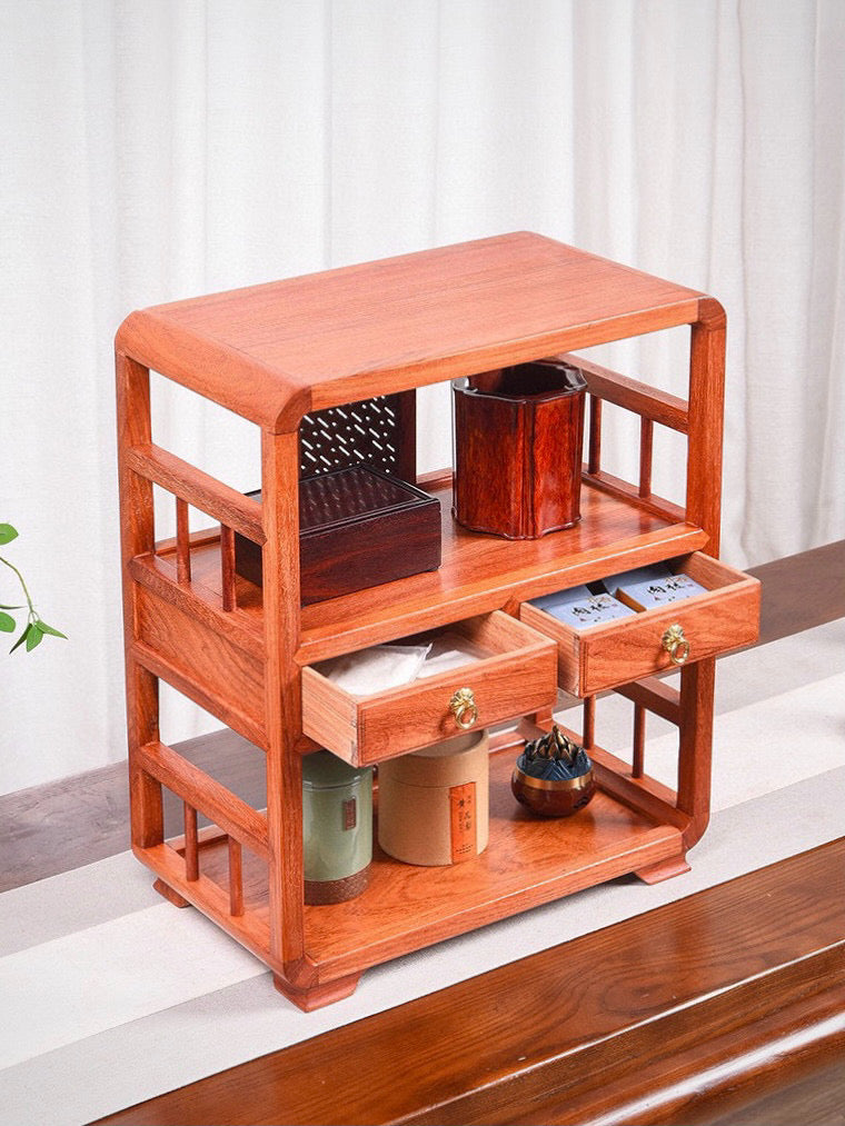 Burmese Padauk Tea Side Cabinet – Rounded Corners, Dual Drawers, Mortise & Tenon, Hollowed Back