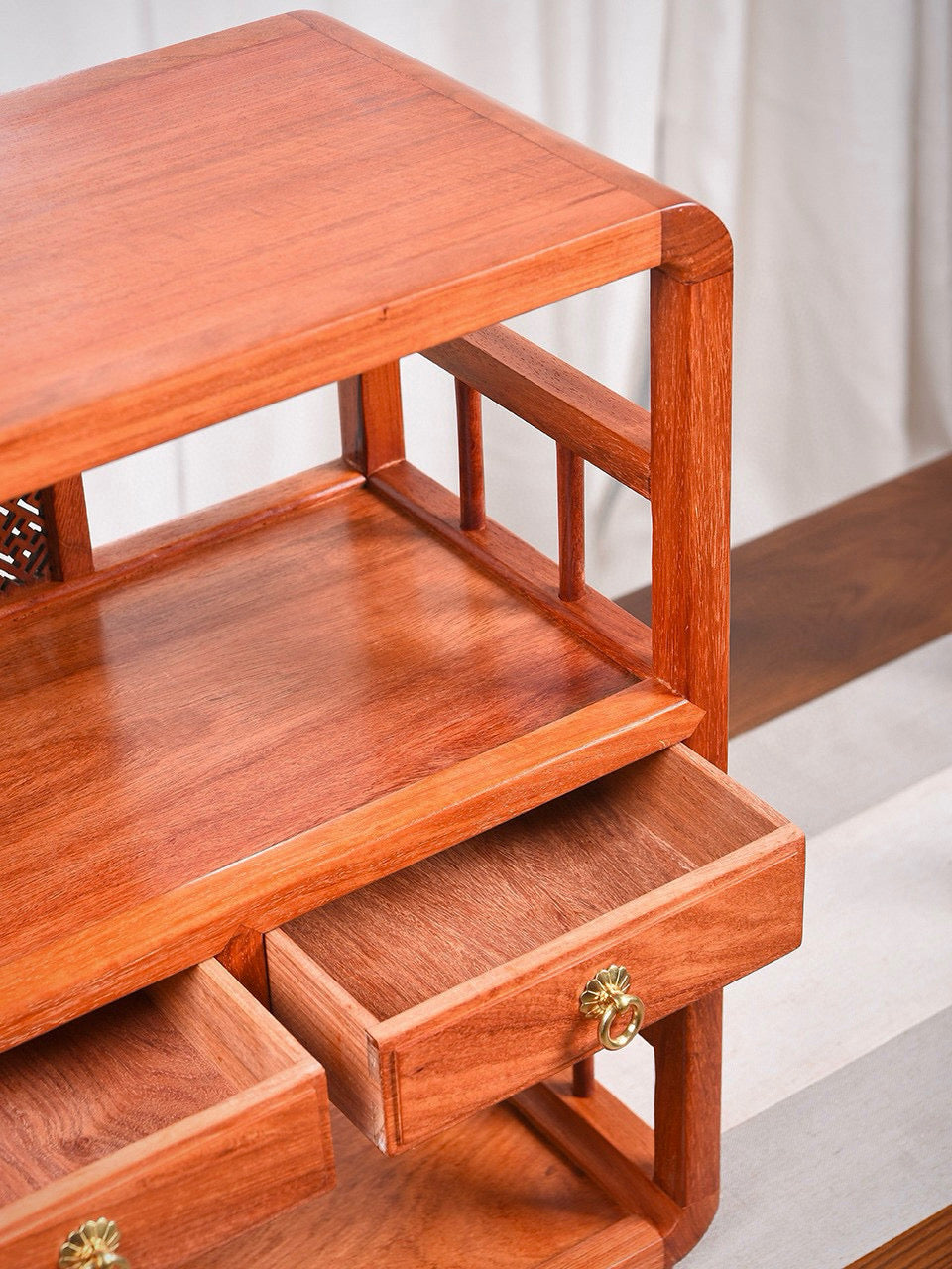 Burmese Padauk Tea Side Cabinet – Rounded Corners, Dual Drawers, Mortise & Tenon, Hollowed Back