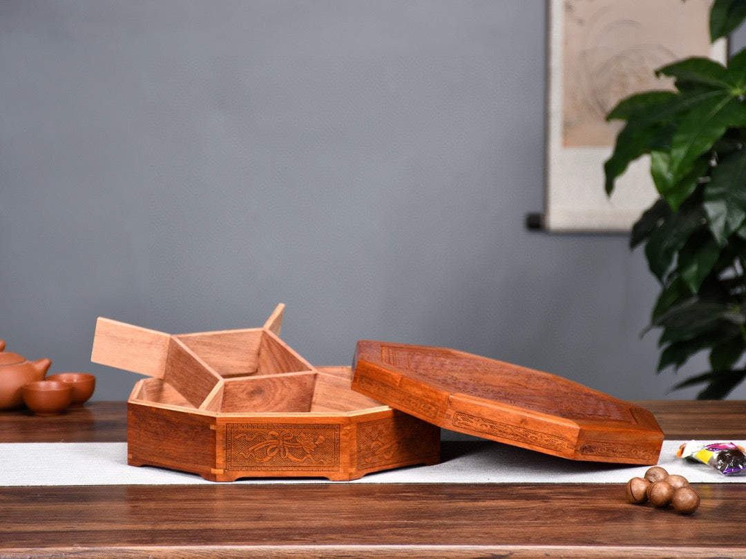 Burmese Padauk Carved Octagonal Fruit Tray – Mortise & Tenon Craftsmanship, Finely Detailed