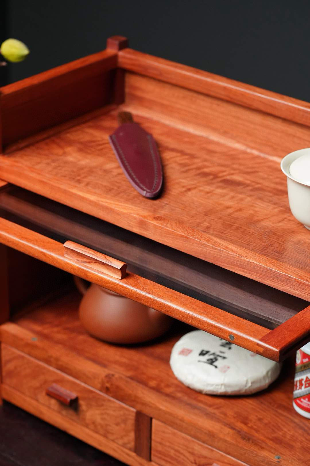 Solid Burmese Rosewood Organizer Rack with Glass Shelf