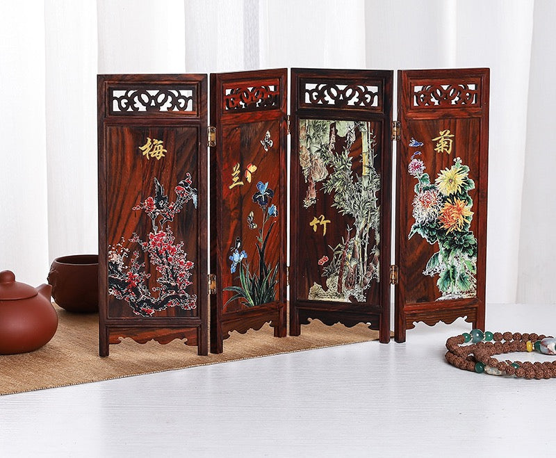Folding Screen in Rosewood – “Four Beauties” or “Plum, Orchid, Bamboo & Chrysanthemum” Motifs