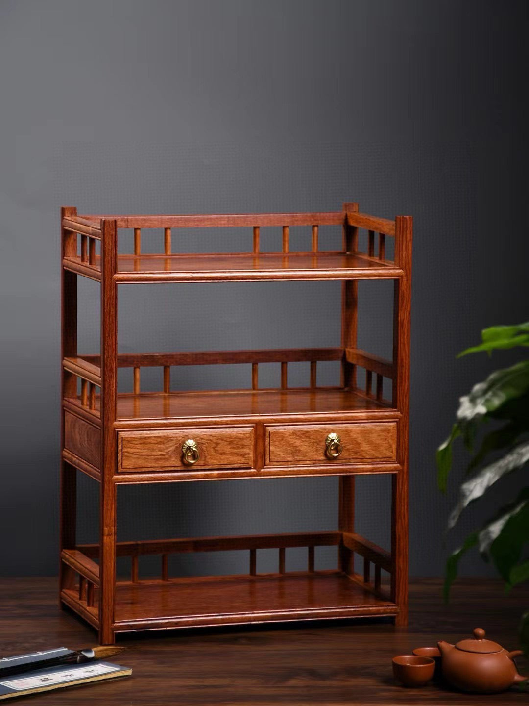 Burmese Padauk 3-Tier Tea Side Cabinet with Double Drawers & Rail Shelves – Elegant & Functional