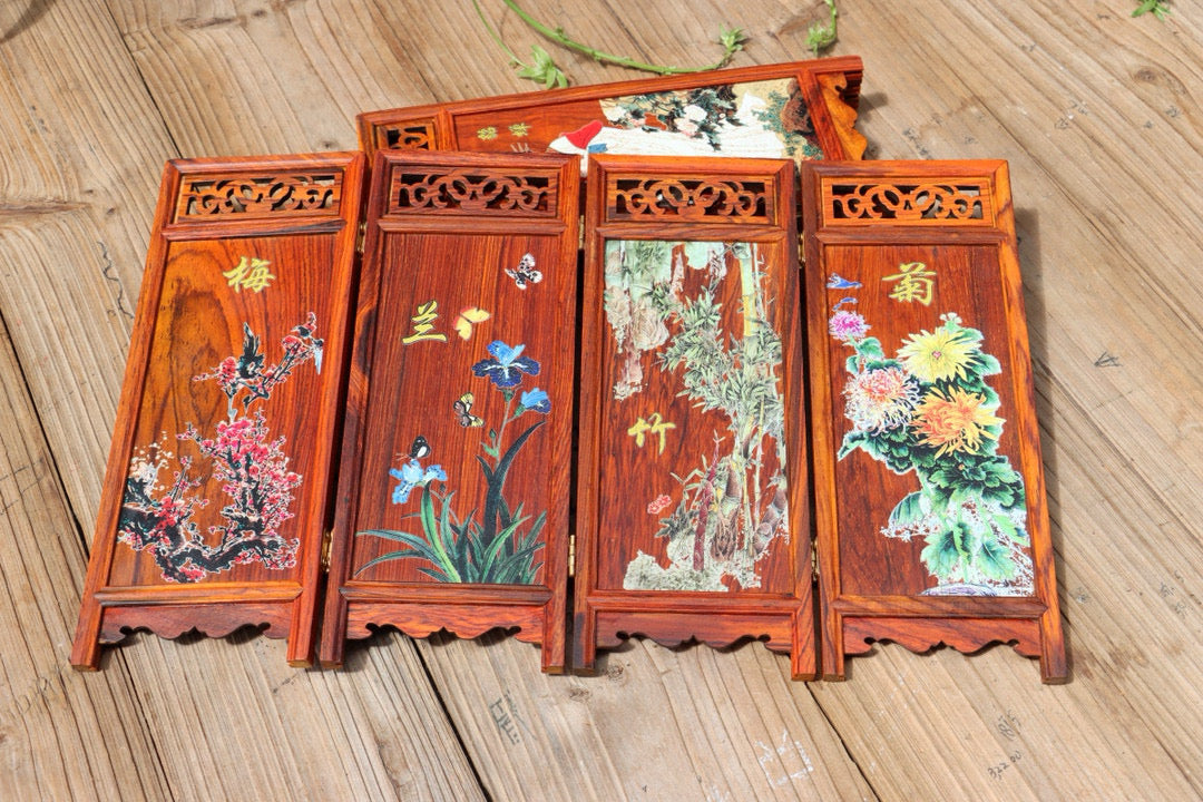 Folding Screen in Rosewood – “Four Beauties” or “Plum, Orchid, Bamboo & Chrysanthemum” Motifs