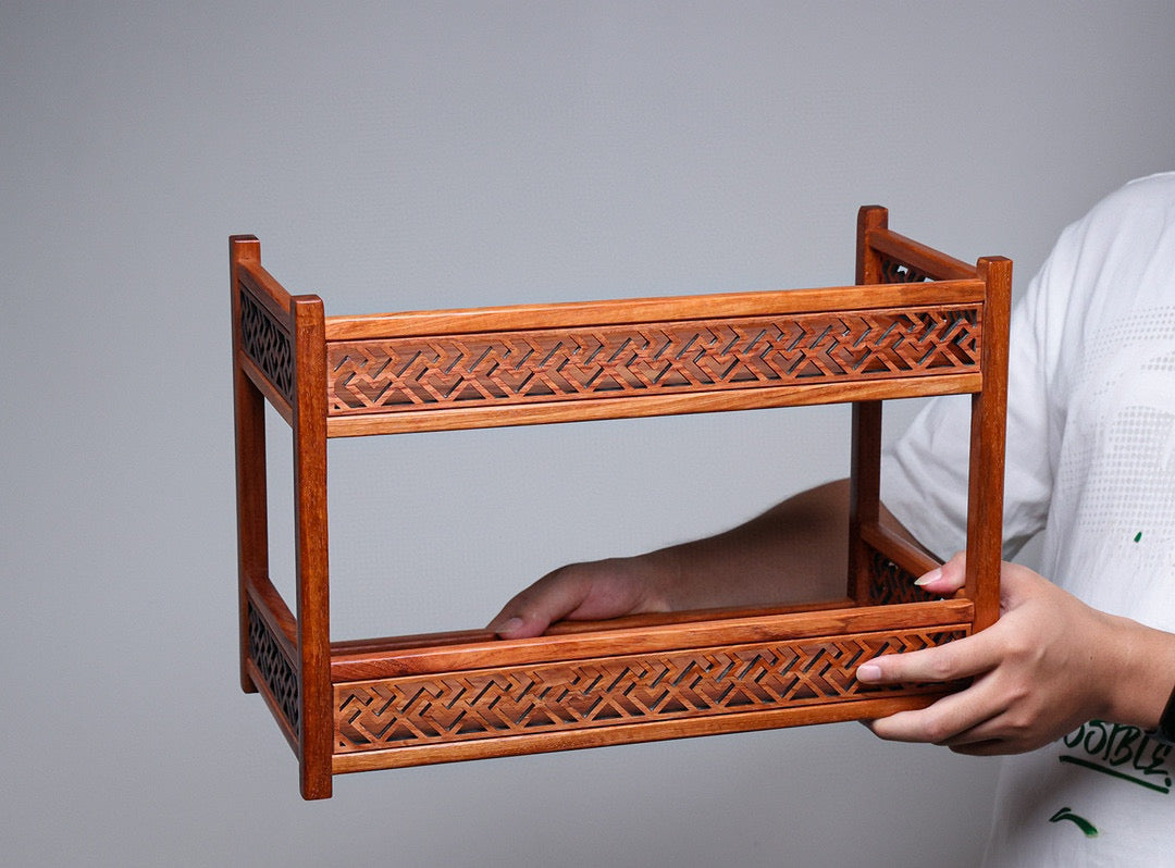 Two-Tier Solid Wood Storage Rack – Burmese Padauk – Mortise & Tenon Joinery (40×19×27cm)