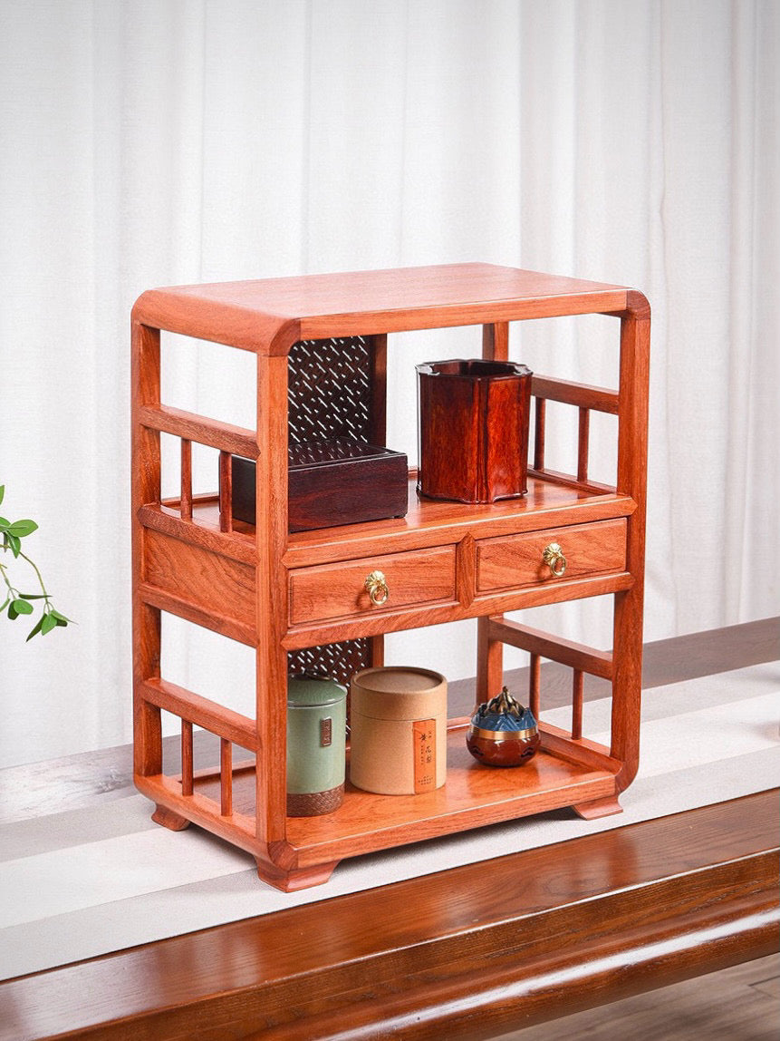 Burmese Padauk Tea Side Cabinet – Rounded Corners, Dual Drawers, Mortise & Tenon, Hollowed Back