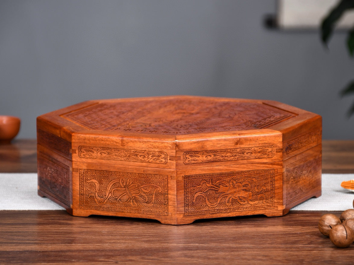 Burmese Padauk Carved Octagonal Fruit Tray – Mortise & Tenon Craftsmanship, Finely Detailed