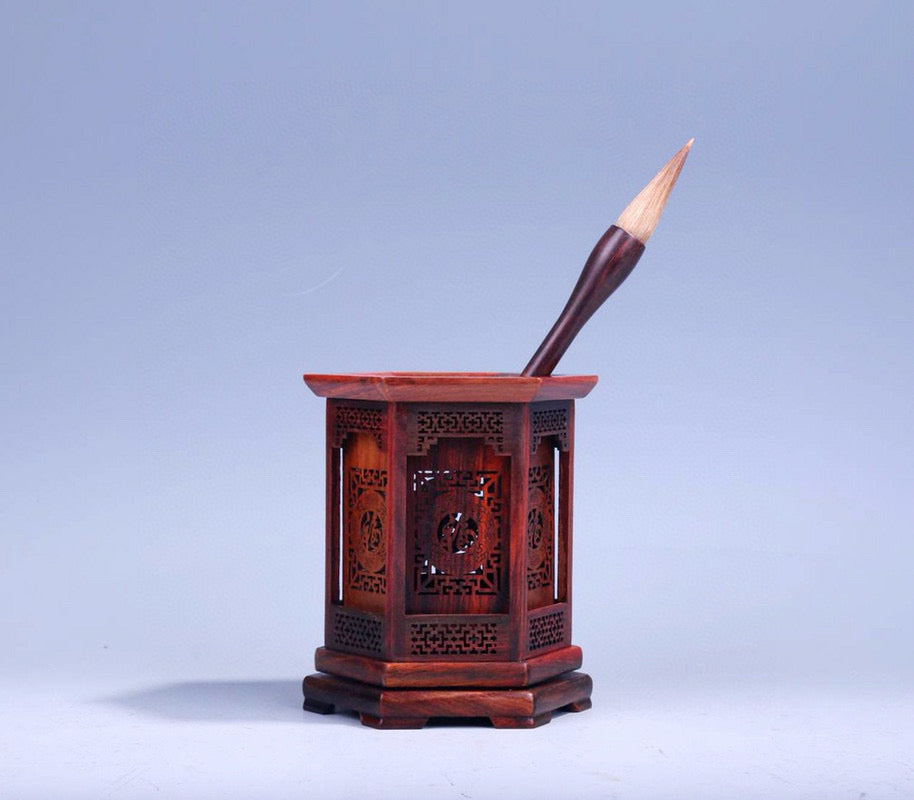Hexagonal Rosewood Pen Holder | Fu Carving | Handmade