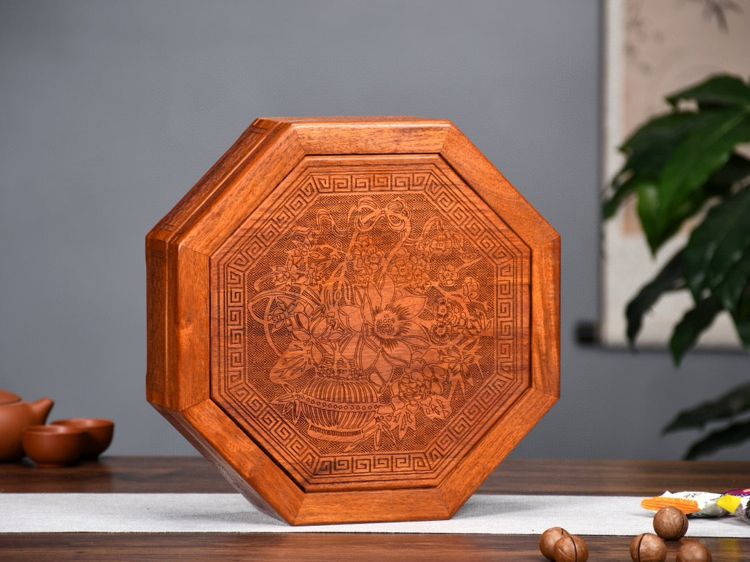 Burmese Padauk Carved Octagonal Fruit Tray – Mortise & Tenon Craftsmanship, Finely Detailed