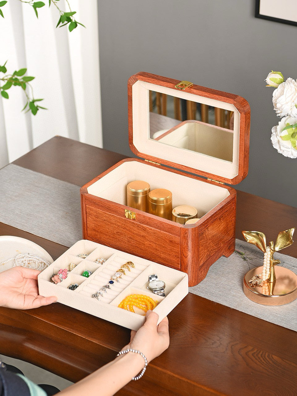 Burmese Padauk Portable Mirror Box · Solid Wood · All-Board Construction