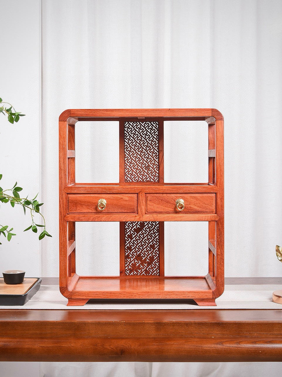 Burmese Padauk Tea Side Cabinet – Rounded Corners, Dual Drawers, Mortise & Tenon, Hollowed Back