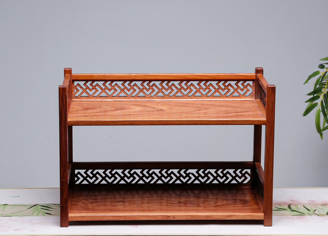 Two-Tier Solid Wood Storage Rack – Burmese Padauk – Mortise & Tenon Joinery (40×19×27cm)