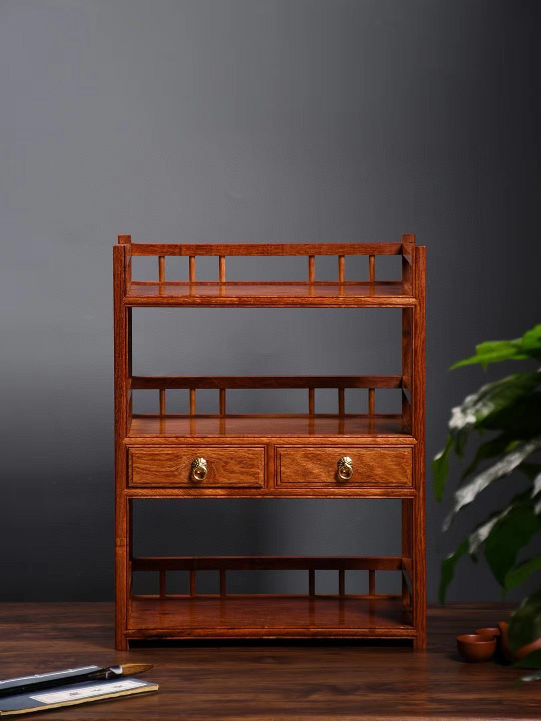 Burmese Padauk 3-Tier Tea Side Cabinet with Double Drawers & Rail Shelves – Elegant & Functional