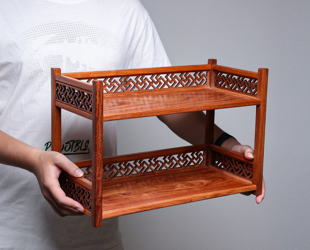 Two-Tier Solid Wood Storage Rack – Burmese Padauk – Mortise & Tenon Joinery (40×19×27cm)