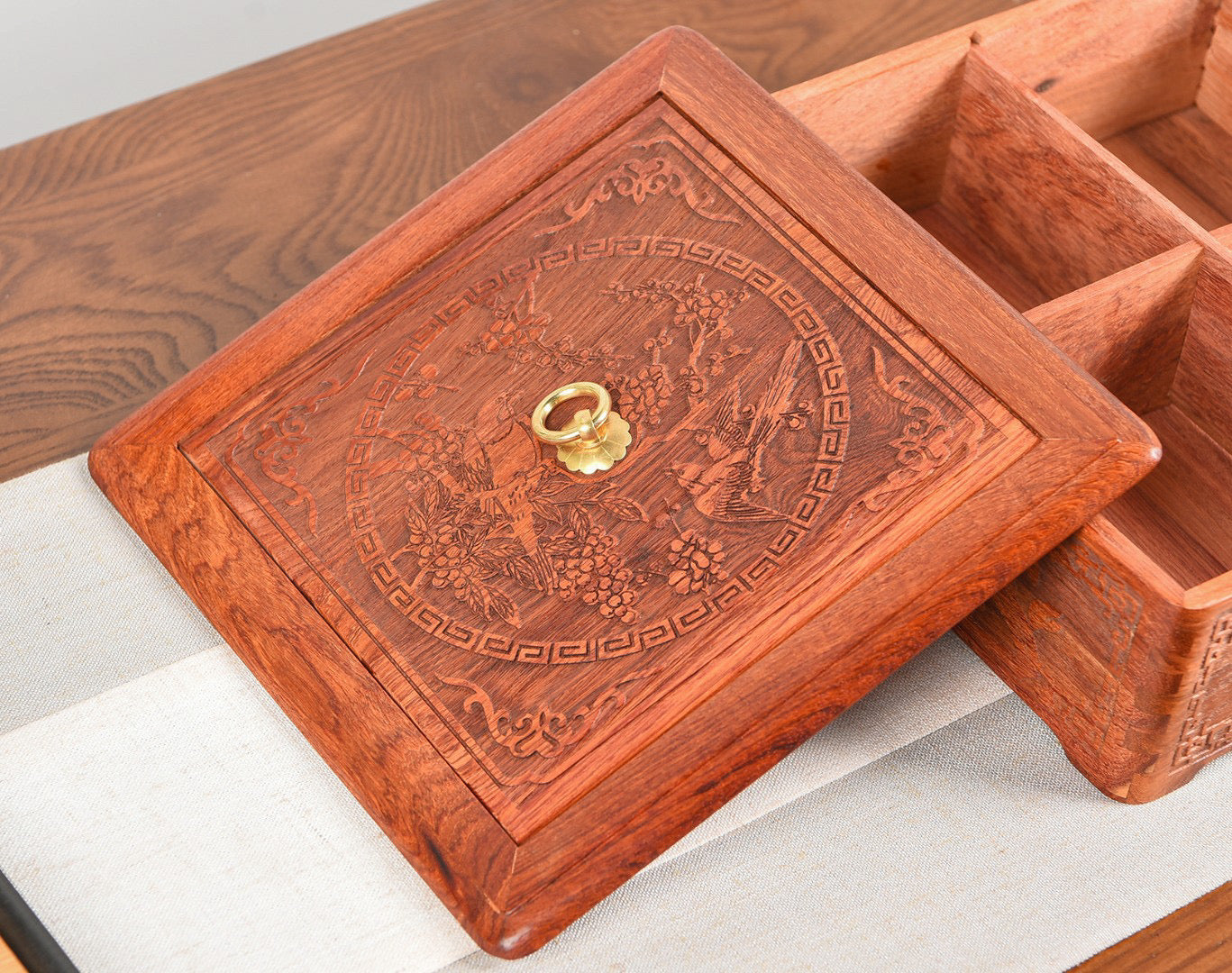 Burmese Padauk 4-Grid Carved Snack Tray with Lid – Handcrafted Wooden Gift Box