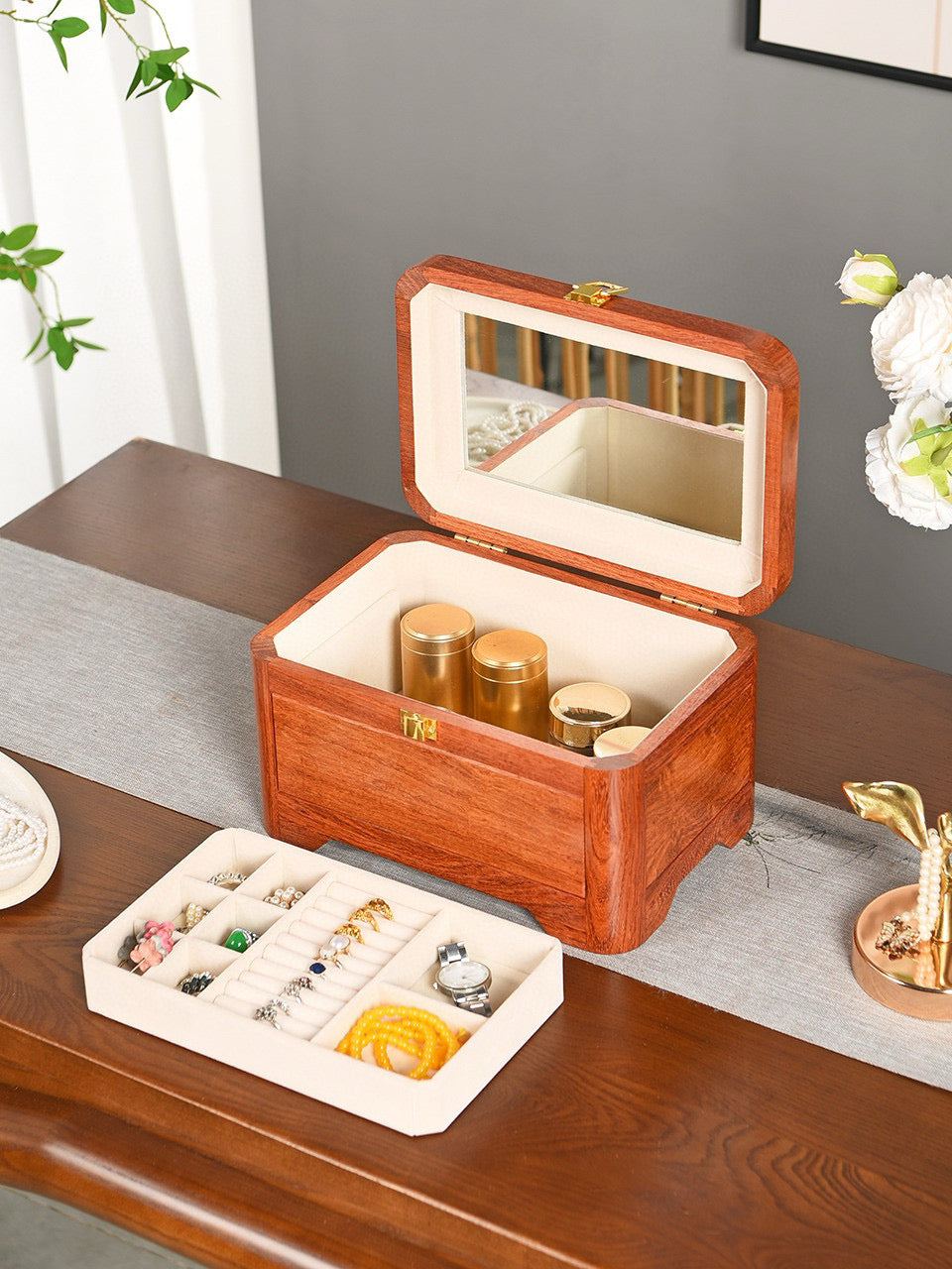 Burmese Padauk Portable Mirror Box · Solid Wood · All-Board Construction