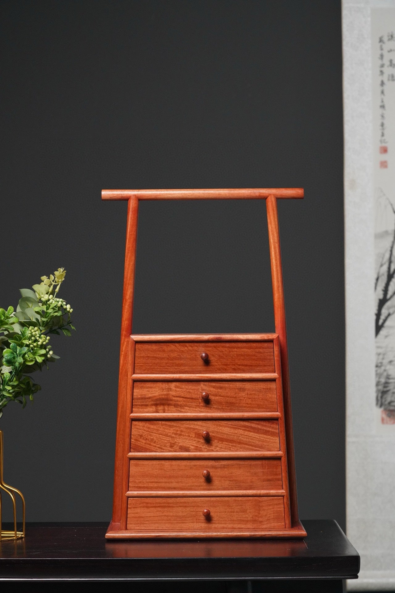 Burmese Padauk Trapezoid 5-Drawer Cabinet – Solid Single-Slab, Mortise & Tenon Joinery