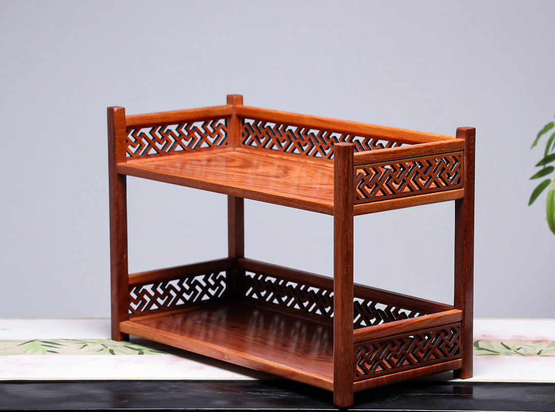 Two-Tier Solid Wood Storage Rack – Burmese Padauk – Mortise & Tenon Joinery (40×19×27cm)