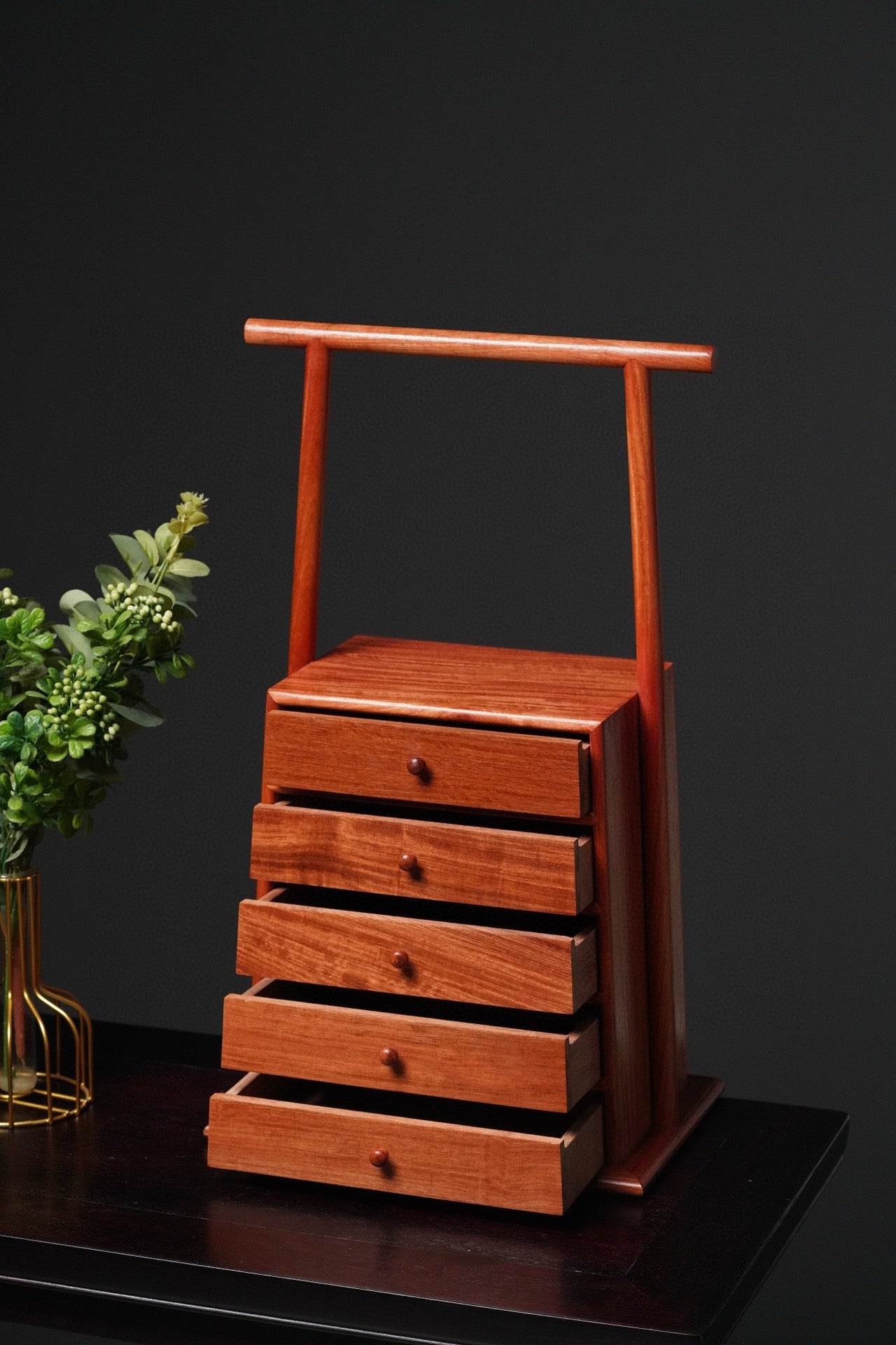 Burmese Padauk Trapezoid 5-Drawer Cabinet – Solid Single-Slab, Mortise & Tenon Joinery
