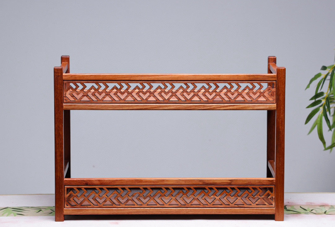 Two-Tier Solid Wood Storage Rack – Burmese Padauk – Mortise & Tenon Joinery (40×19×27cm)