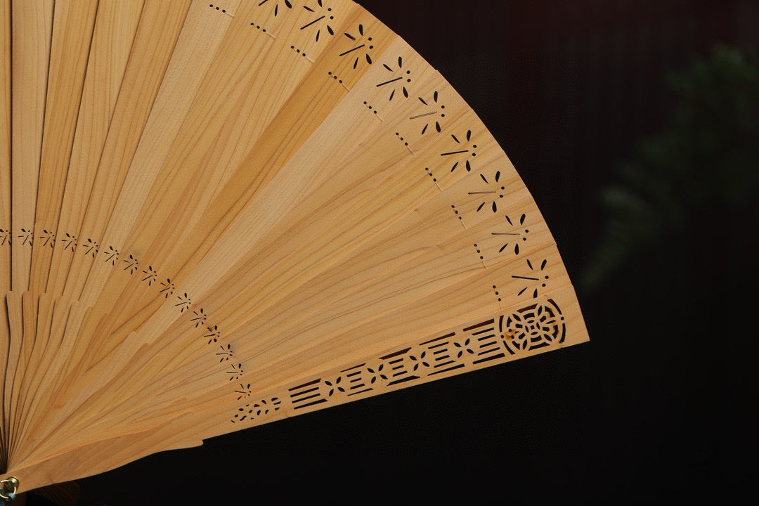 Dragonfly Charm - Handcrafted Suzhou Folding Fan in Carved Thuja Wood | Decorative Desk Fan