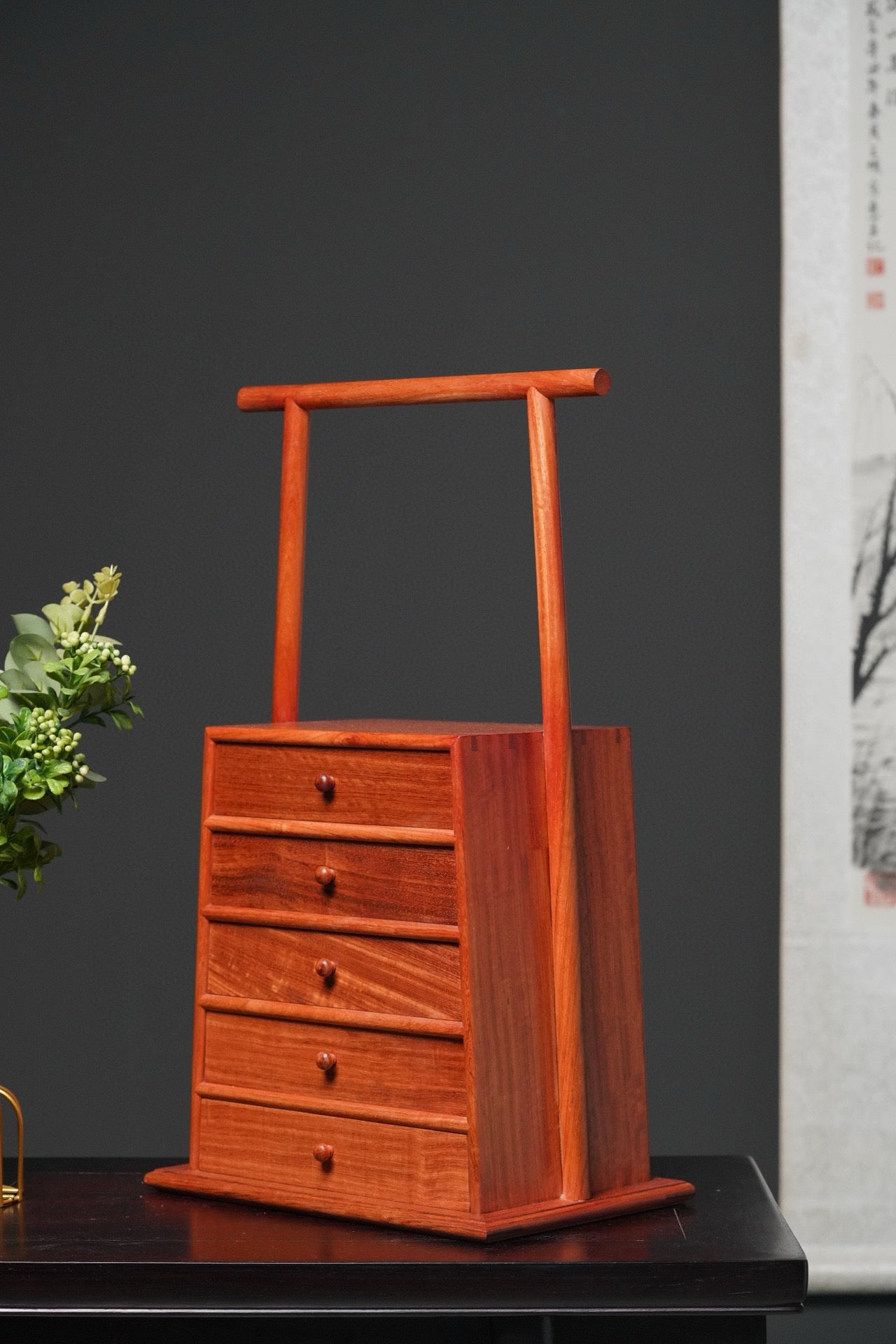 Burmese Padauk Trapezoid 5-Drawer Cabinet – Solid Single-Slab, Mortise & Tenon Joinery