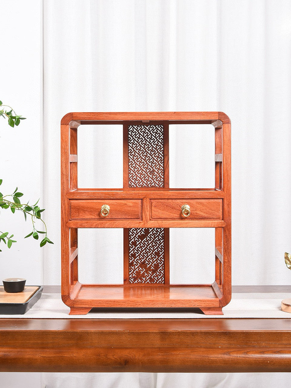 Burmese Padauk Tea Side Cabinet – Rounded Corners, Dual Drawers, Mortise & Tenon, Hollowed Back
