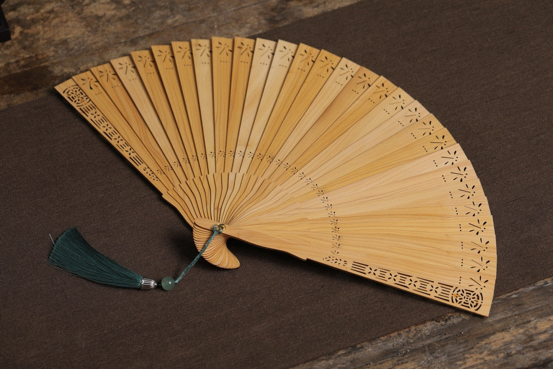 Dragonfly Charm - Handcrafted Suzhou Folding Fan in Carved Thuja Wood | Decorative Desk Fan