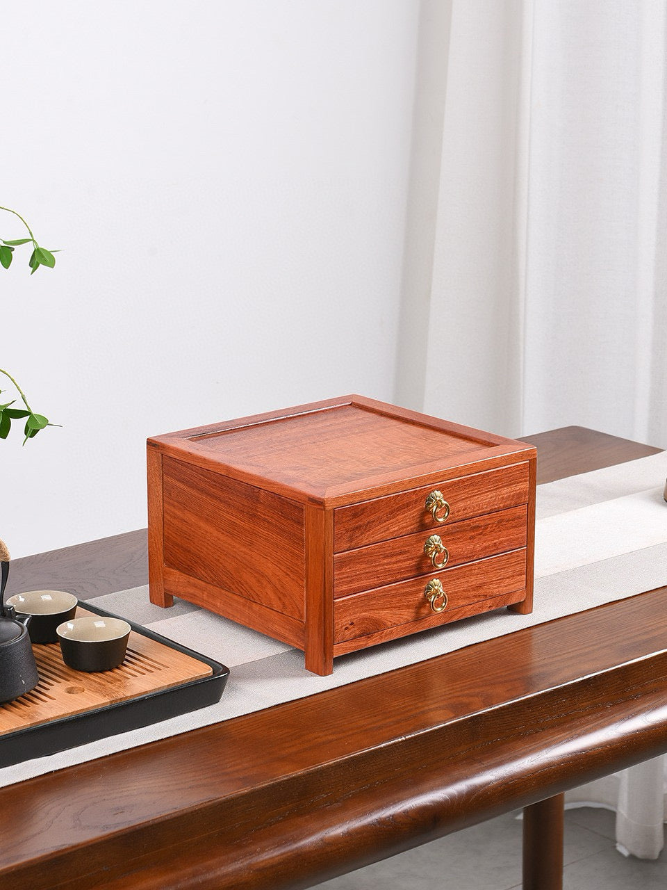 Drawer Tea Box – Burmese Padauk | 3-Drawer Organizer for Tea & Storage | Mortise Tenon Craft | Moisture-Resistant Solid Wood Box